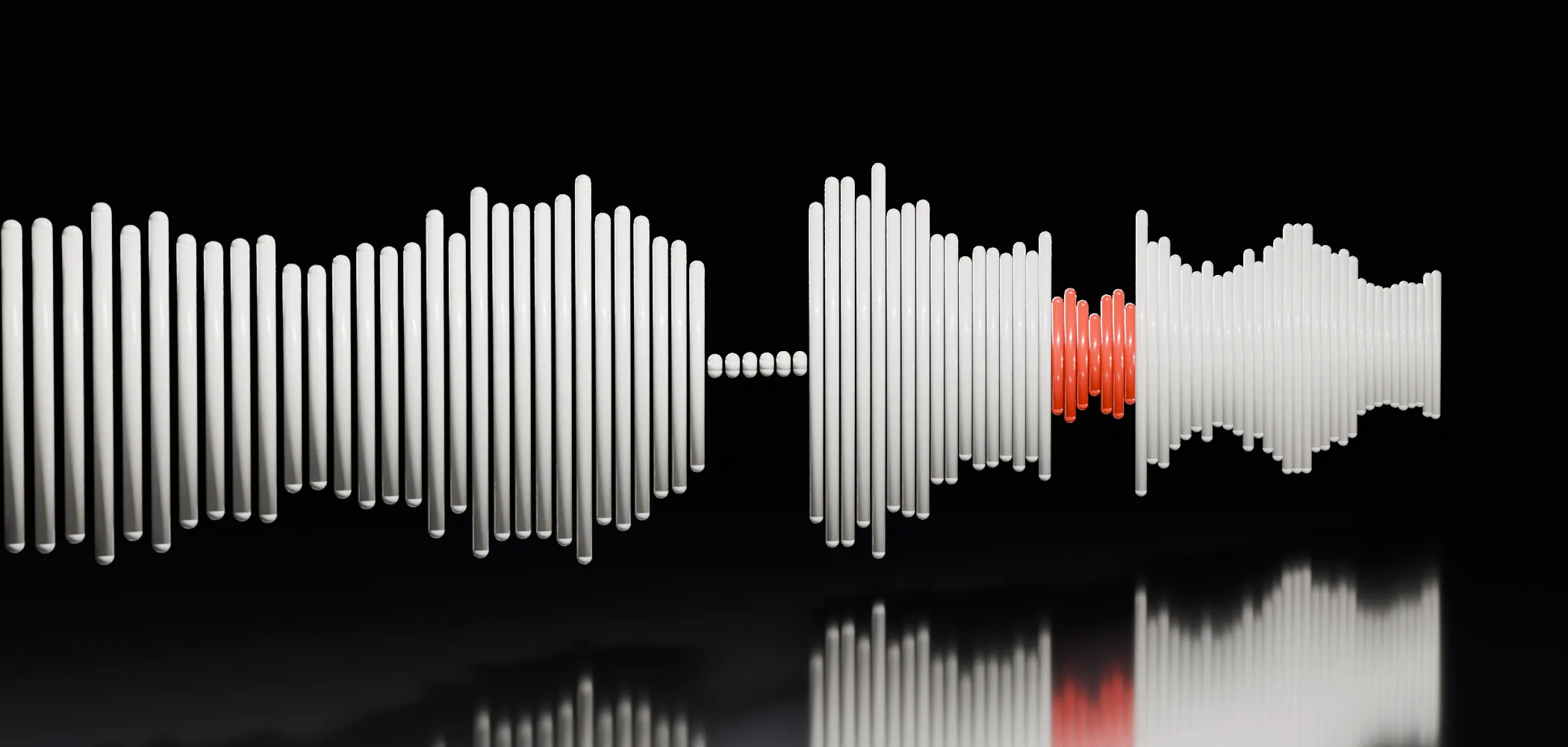 A recorded talk rendered as a row of ceramic capsules: a short pause, then a cluster of filler words glazed red.